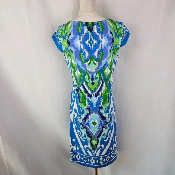 Barbara Erickson Ikat Print Shift Dress Medium Blue Green Tropical Stretch - Picture 4 of 9